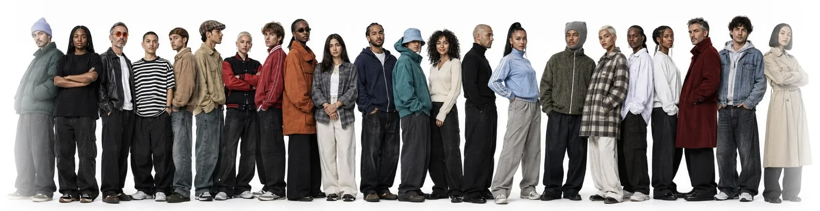 Twenty-two people from the music scene standing in a row (AI-generated)